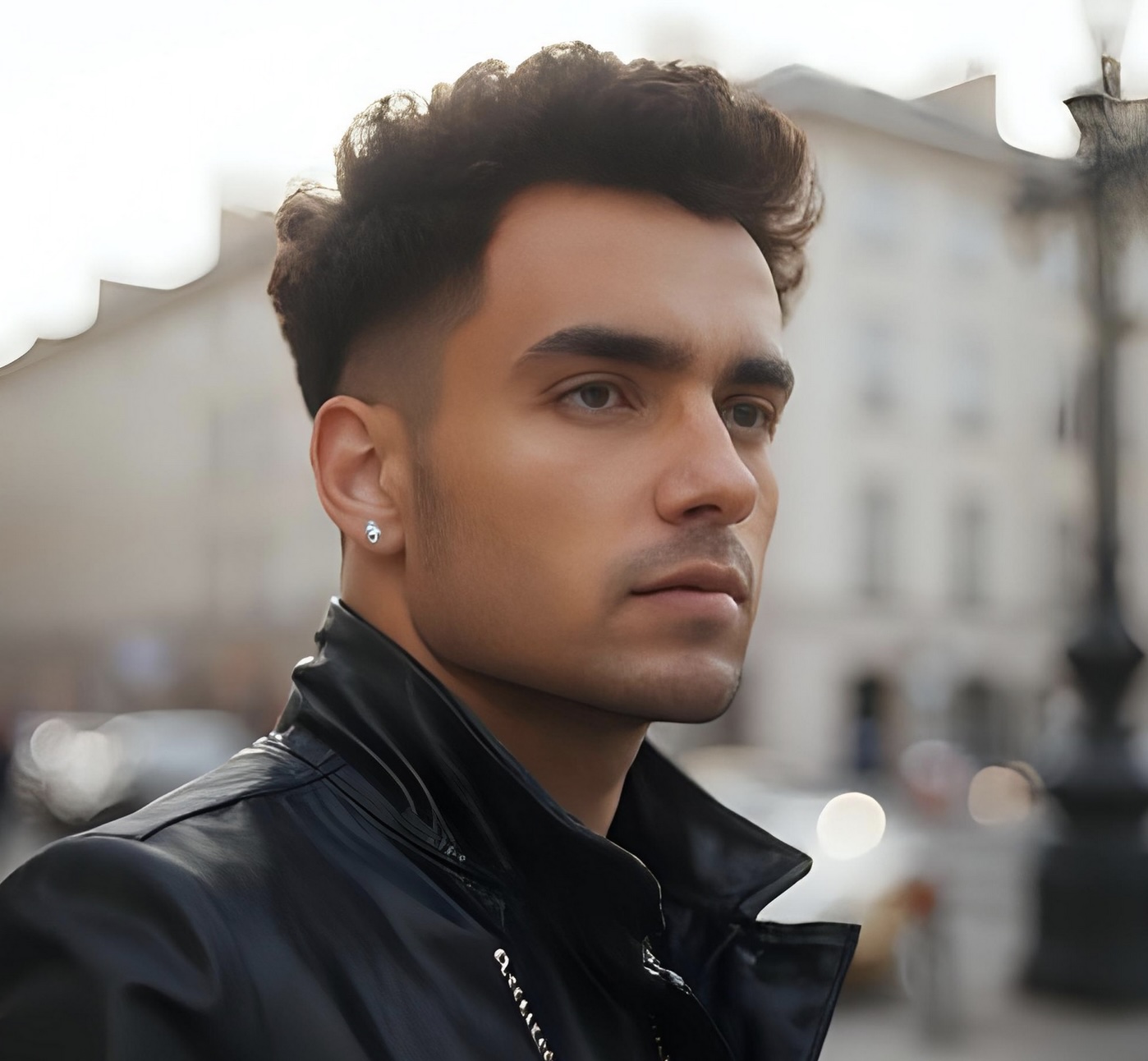 Short curly fade haircut with defined texture.