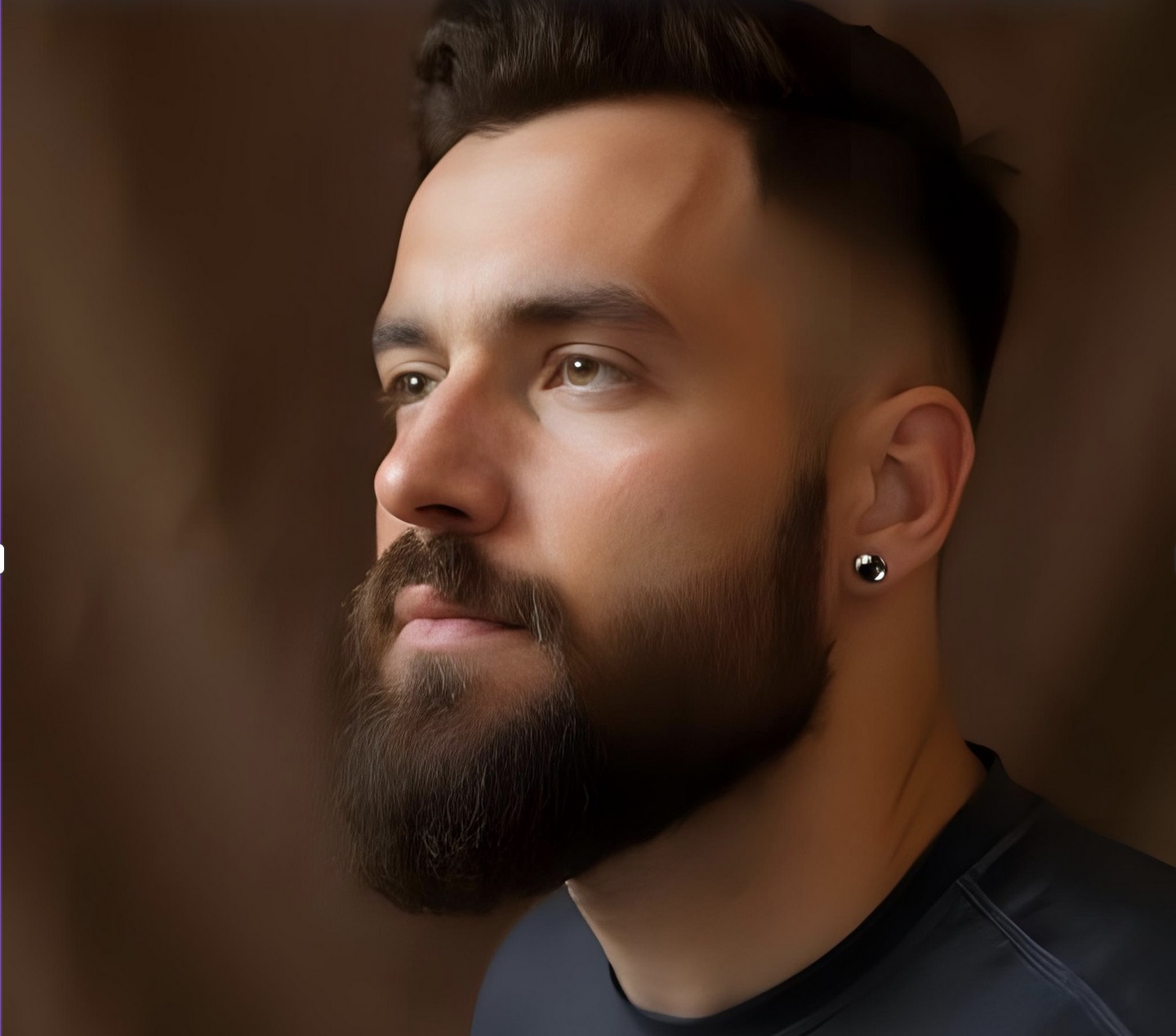 Man with taper fade and full neatly trimmed beard.