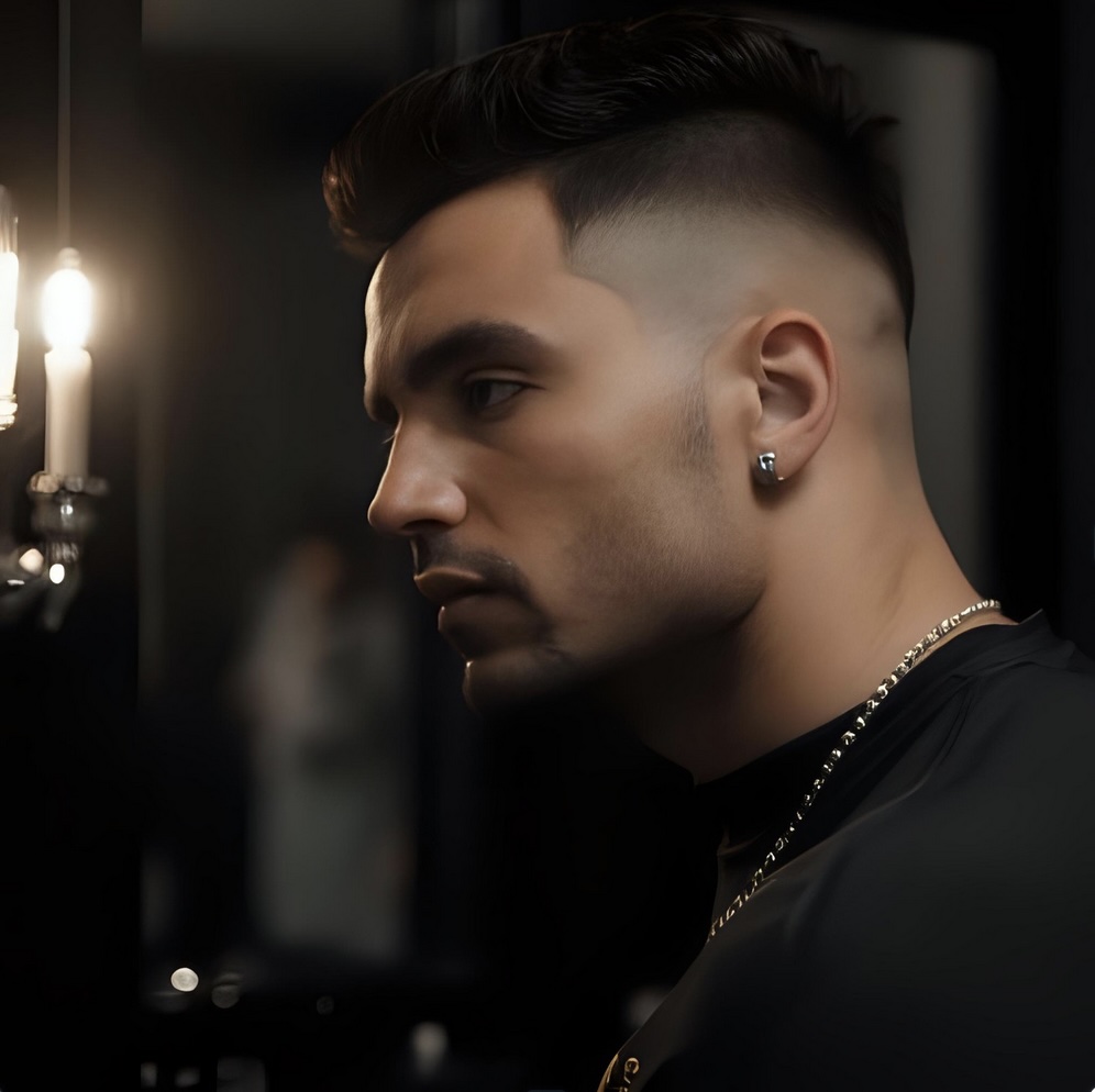 High fade haircut with short cropped top in a barber mirror setting.