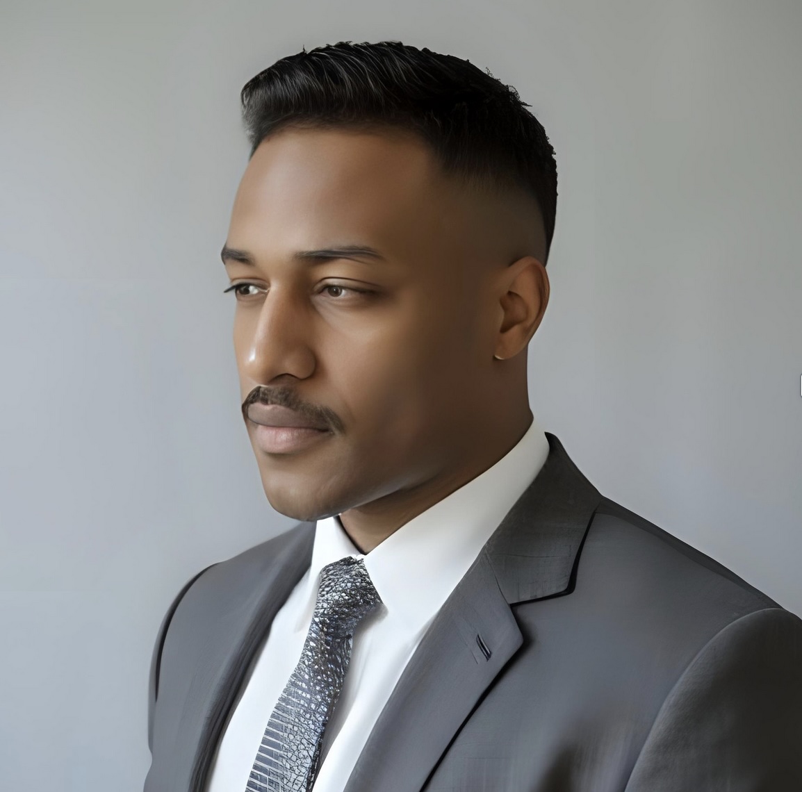Low fade haircut with combed side part.