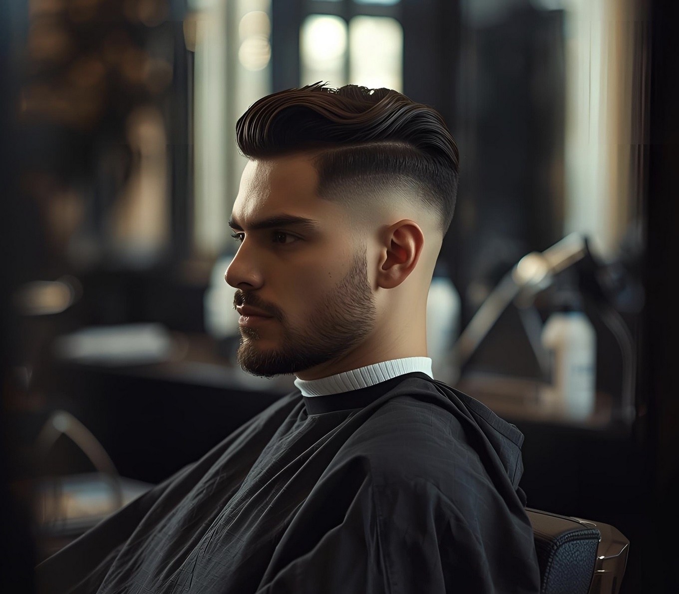 Barber giving a modern fade haircut in a stylish barbershop.