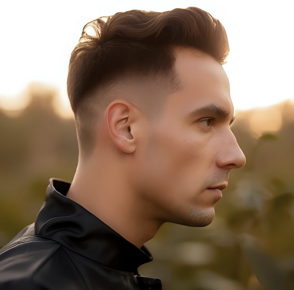 Mid fade haircut with temple fade detail and clean neckline.